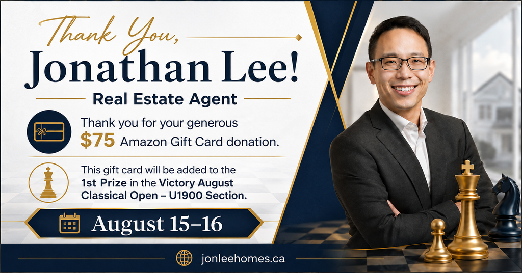Thank-you banner recognizing Jonathan Lee for supporting Victory Chess Club player prizes