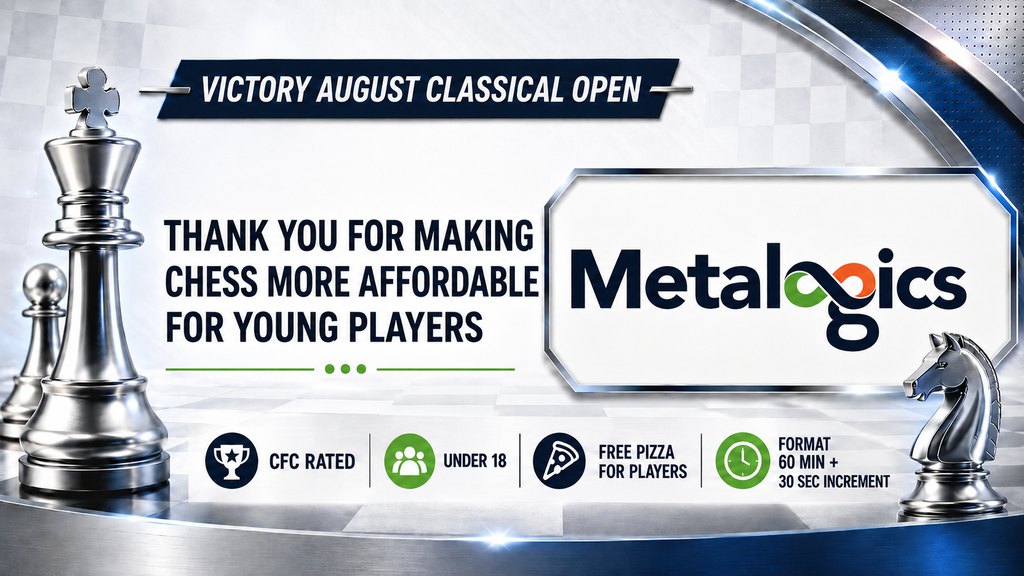 Thank-you banner recognizing Metalogics for supporting Victory Chess Club